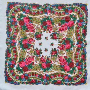 White ukranian wool scarf golden thread Babushka floral scarf Hustka