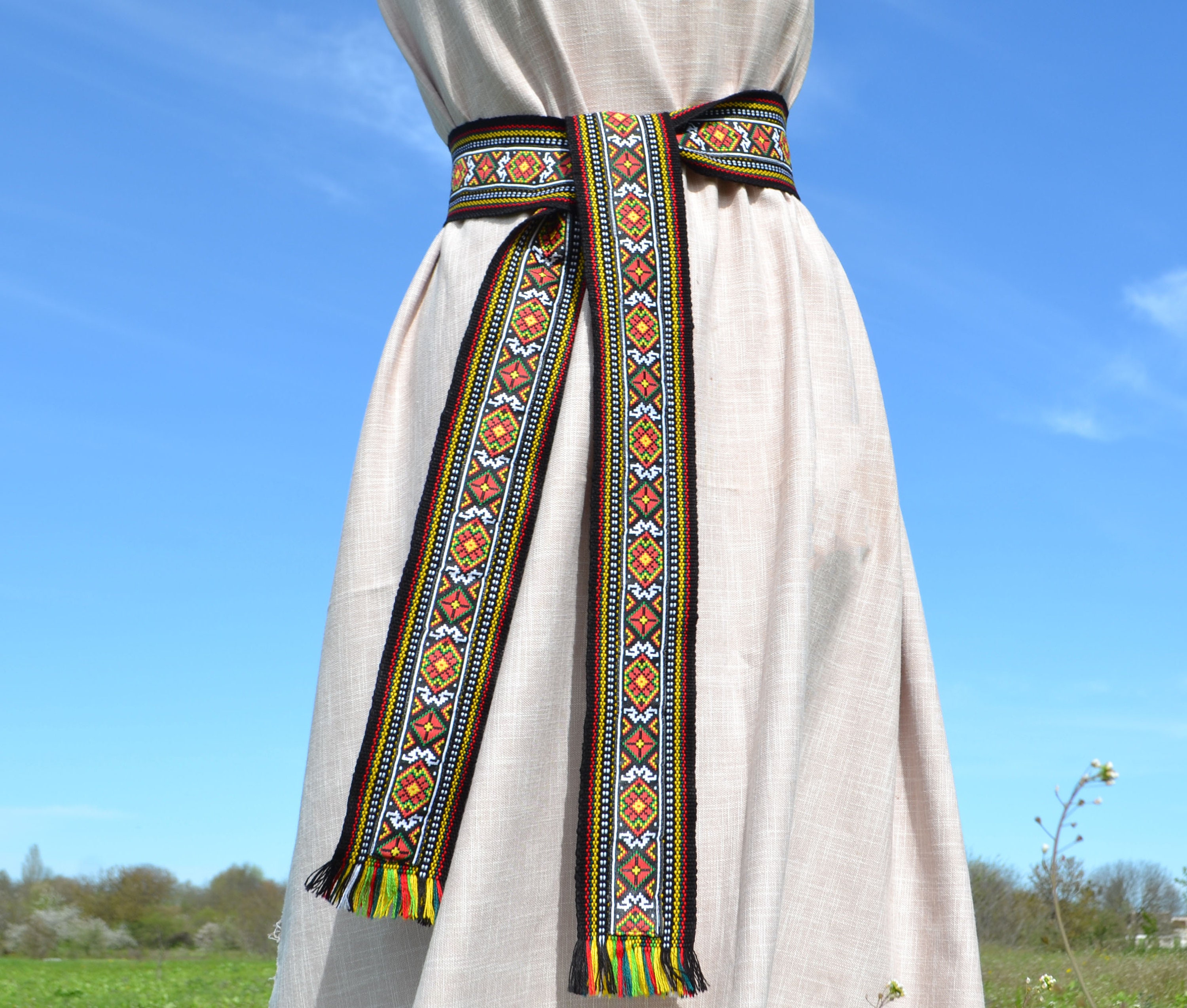 4461 Ukrainian Hand Woven Homespun Hutsul Belt Blue Yellow Krayka Blue Ukrainian Krajka Hutsul Belts Wide Woven Belt Hand  main image 2