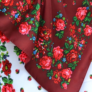 Burgundy floral shawl Ukrainian scarves Babushkas wool scarf 29&quot;-29 Polish scarf