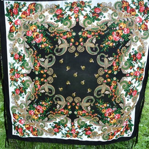 Piano shawl Black ukrainian shawl fringe Large floral shawl Ukranian shawl image 9