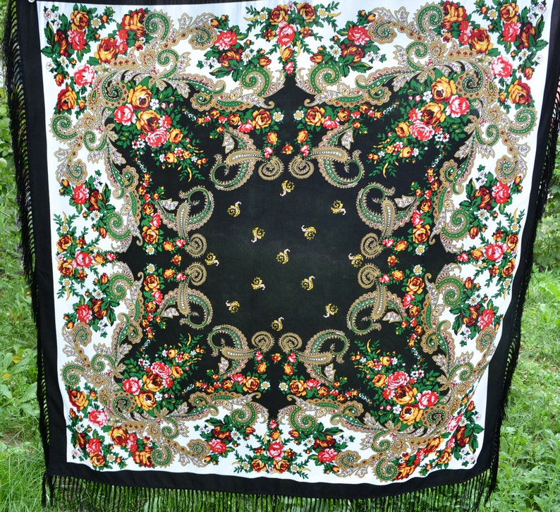 Piano shawl Black ukrainian shawl fringe Large floral shawl Ukranian shawl image 9