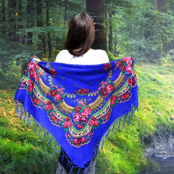 Blue Ukrainian shawl vintage style Floral square scarf