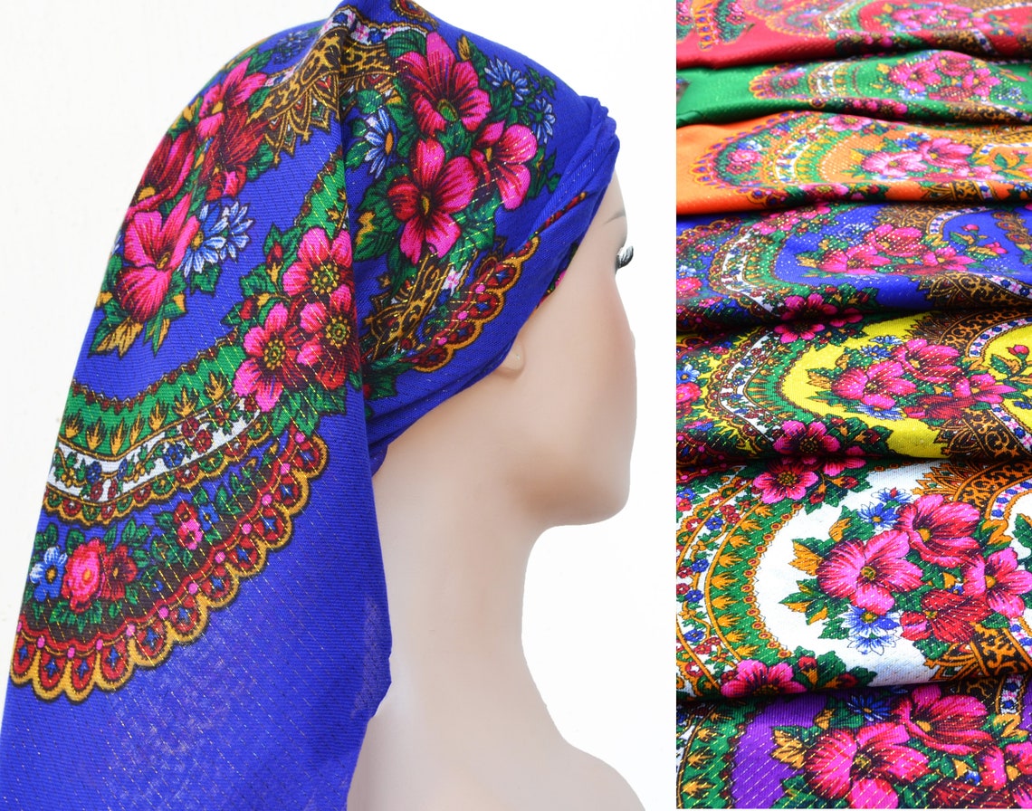 Metallic Floral Scarves Russian head scarf Blue babushka scarf Etsy