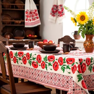 Ukrainian Poppies Linen Tablecloth, Embroidered Print