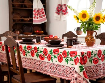 Ukrainian Poppies Linen Tablecloth, Embroidered Print