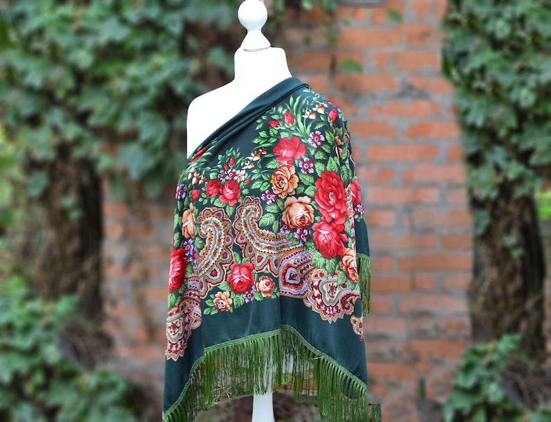 Dark green piano scarf fringe Chale Ukrainian shawl image 1