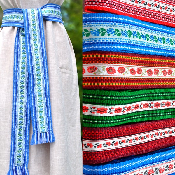 Blue textile sash Ukrainian belt Hutsul woven folk belt Kozak Ethnic textile belt