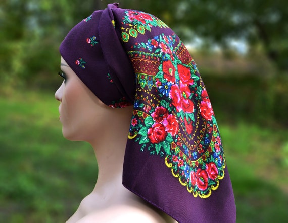 Dark Purple Head Scarf Ukranian Babushka Scarf Etsy