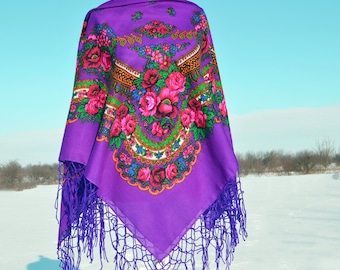 Purple Floral shawl Ukrainian piano shawl Folk style scarf