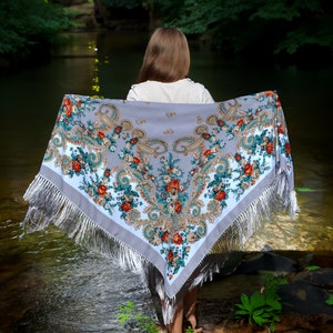 Grey large piano shawl fringe Babushka