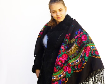 Ukrainian shawl vintage style Floral square scarf Slavic shawl