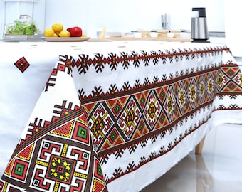 Ukrainian linen tablecloth Embroidered print tablecloth rectangle Ukrainian folk Hutsul