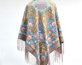 Piano shawl fringe Floral scarf Babushka