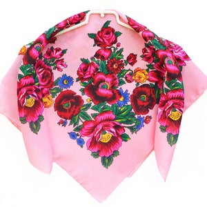 Pink folk scarf Ukranian head scarf Babushka floral scarf