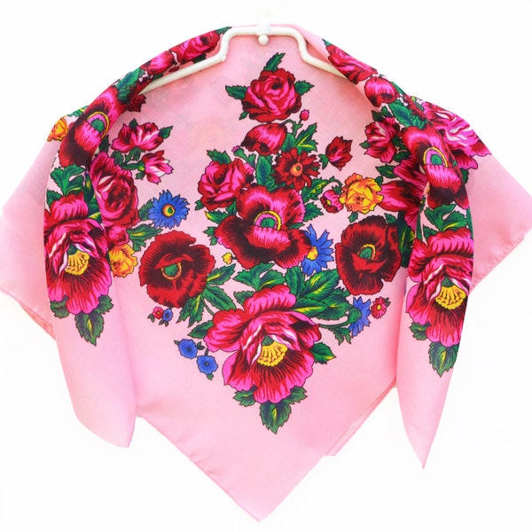Pink Floral Scarf, Ukrainian Babushka Folk Shawl
