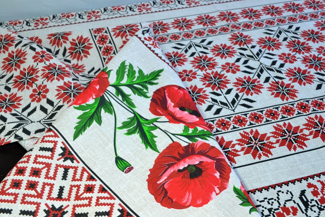 Ukrainian poppies linen tablecloth Embroidered print Etsy