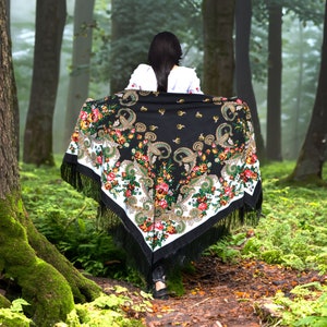 Piano shawl Black ukrainian shawl fringe Large floral shawl Ukranian shawl