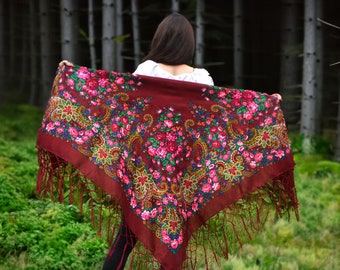 Piano shawl fringe Chale Babushka floral scarf