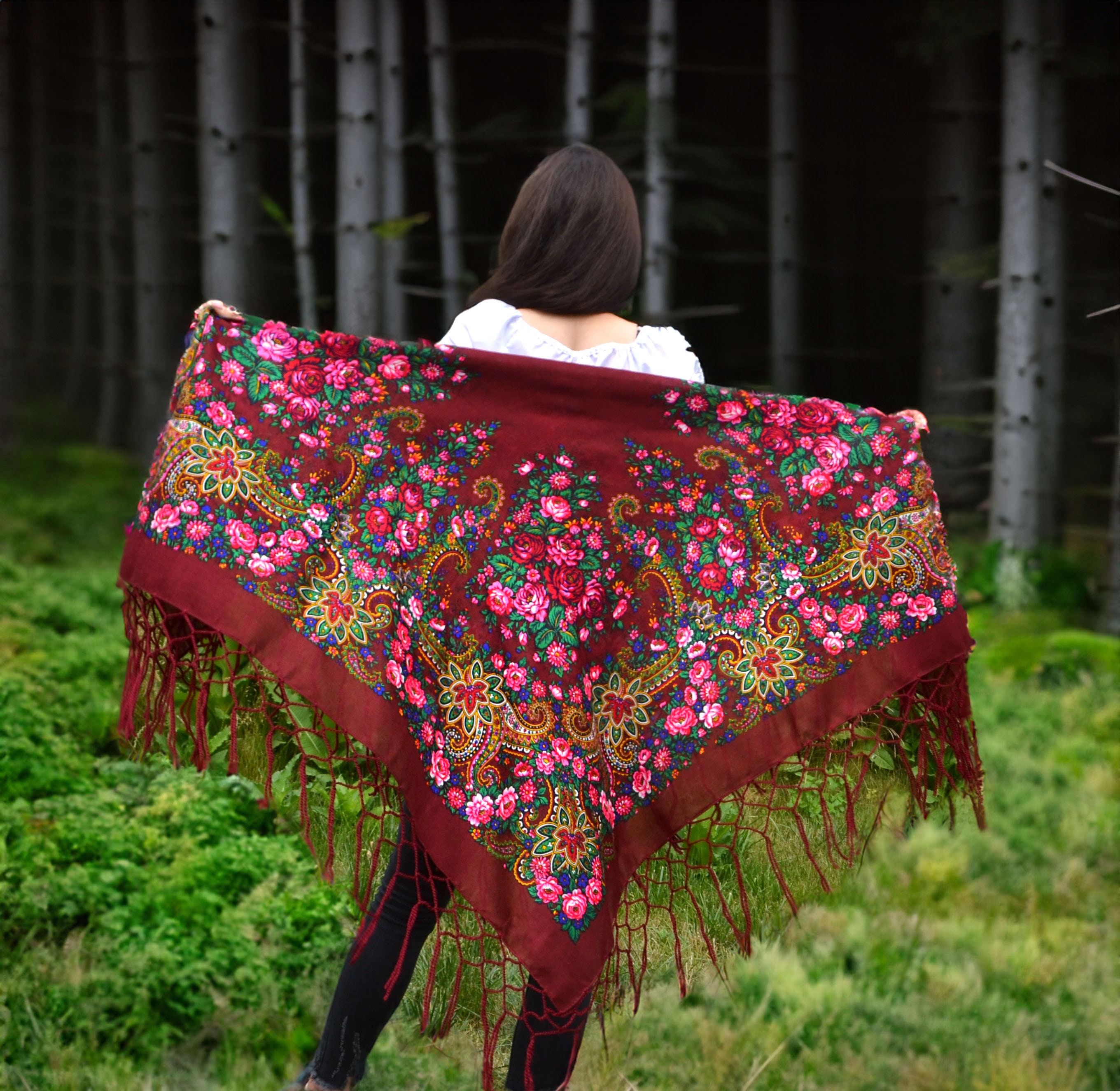 Piano shawl fringe Chale Babushka floral scarf