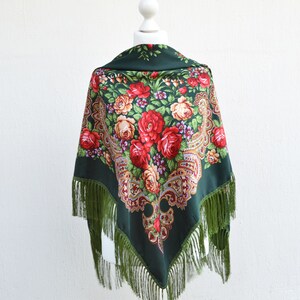 Dark green piano scarf fringe Chale Ukrainian shawl image 3