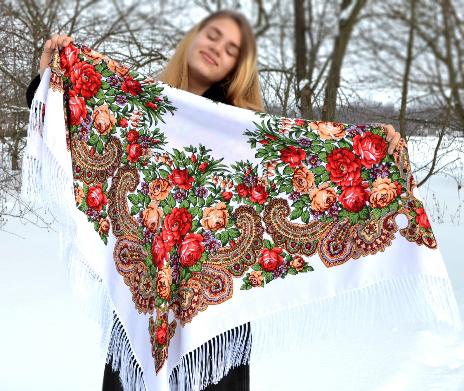 White Piano Scarf Fringe Chale Russe Ukrainian Wedding Shawl - Etsy