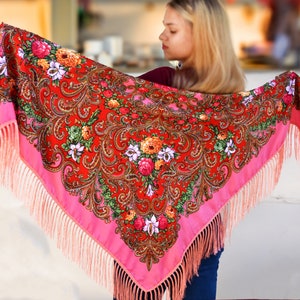 Red pink shawl fringe Piano shawl Chale Ukrainian shawl