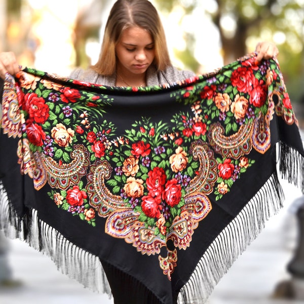 Black piano scarf fringe Ukranian shawl