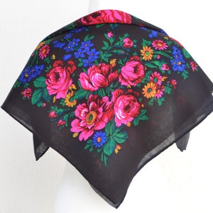 Black head scarf Ukranian floral scarf Babushka scarf