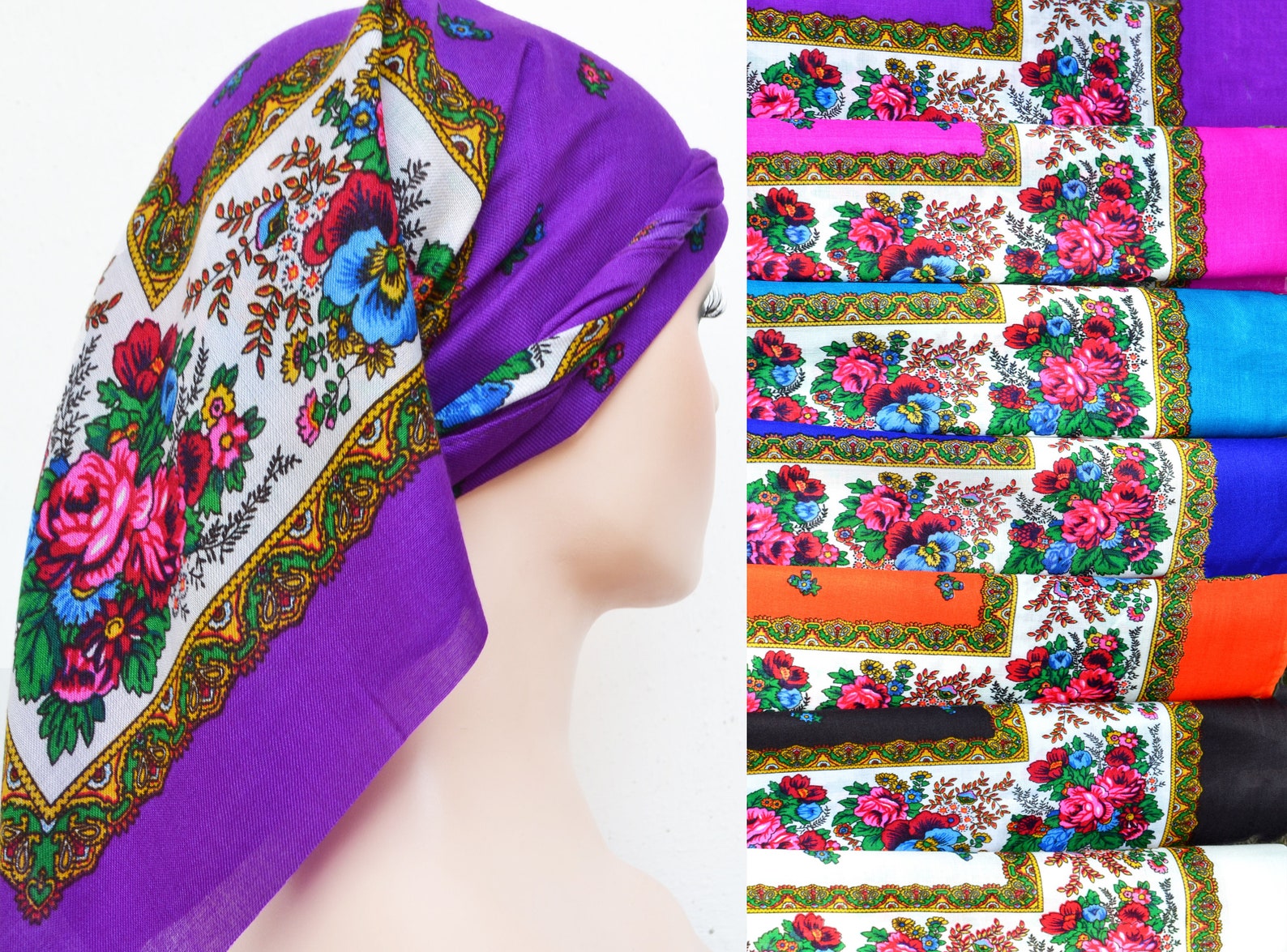 Ukrainian scarf Russian shawl Babushka scarf Purple head scarf Etsy