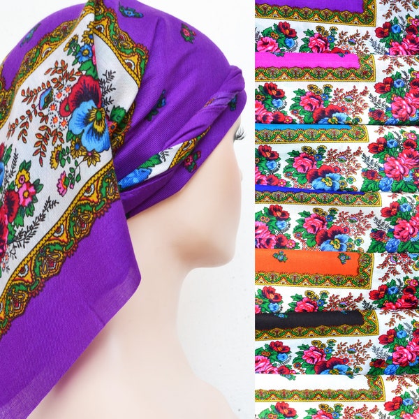 Ukrainian scarf  Slavic babushka scarf Purple head scarf