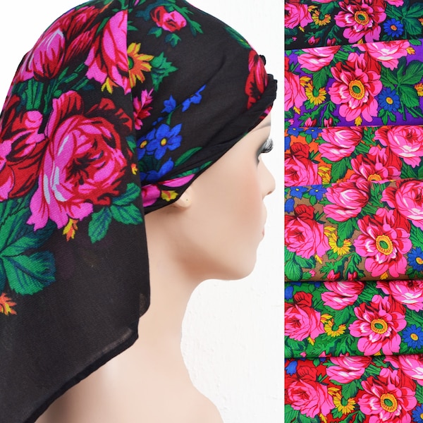 Black head scarf Ukranian floral scarf Babushka scarf