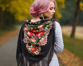 Black piano scarf fringe Ukranian shawl