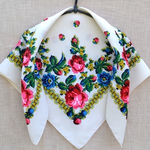 Milky white head scarf Slavic floral scarf Babushka scarf Платок Хустка