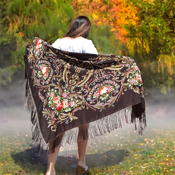 Ukrainian fringe shawl Floral Shawl Folk style scarf Brown