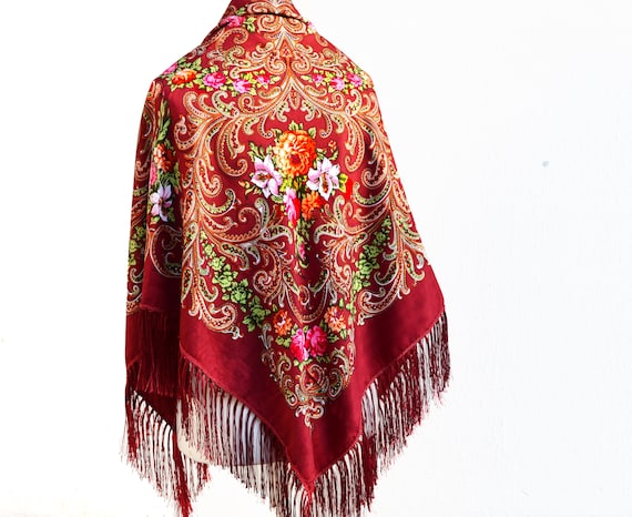 Burgundy scarf fringe Piano shawl Chale russe Russian shawl | Etsy