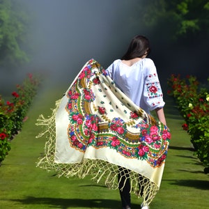 Beige large ukrainian shawl Piano shawl fringe Square Wrap Ukranian shawl