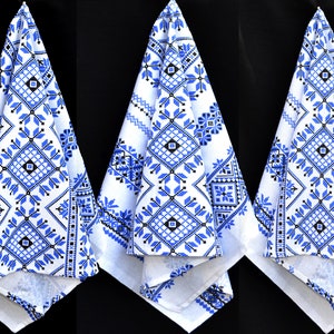 Set Blue linen towels Rushnyk Embroidery print Ukrainian gift