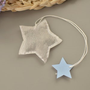 Peut inclure: Un sachet de thé en forme d'étoile avec une étiquette en forme d'étoile bleu clair attachée par une ficelle blanche. Le sachet de thé est rempli de feuilles de thé. Un bouquet de fleurs bleues et un panier tressé sont en arrière-plan.