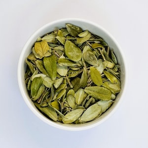 May include: A white bowl filled with dried green leaves.