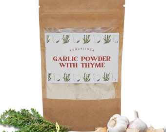 Mezcla de especias orgánicas de ajo y tomillo: un condimento natural intenso para carnes y patatas.