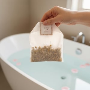May include: A white bath tea bag filled with dried herbs is held above a bathtub filled with water and rose petals. The bag has the words "Bath Tea" printed on it. The water is a light blue colour.