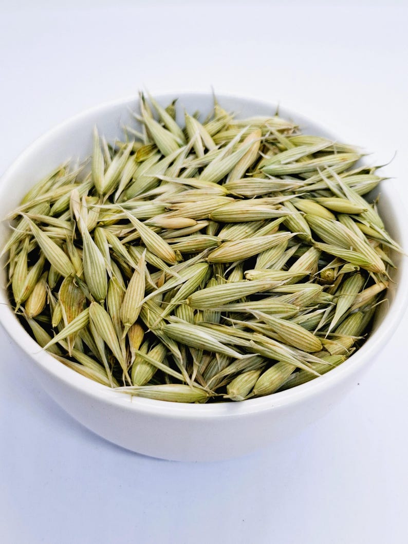 May include: A white bowl filled with dried oat groats, a type of whole grain.