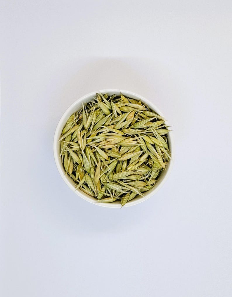 May include: A white bowl filled with dried oat groats, a type of whole grain.