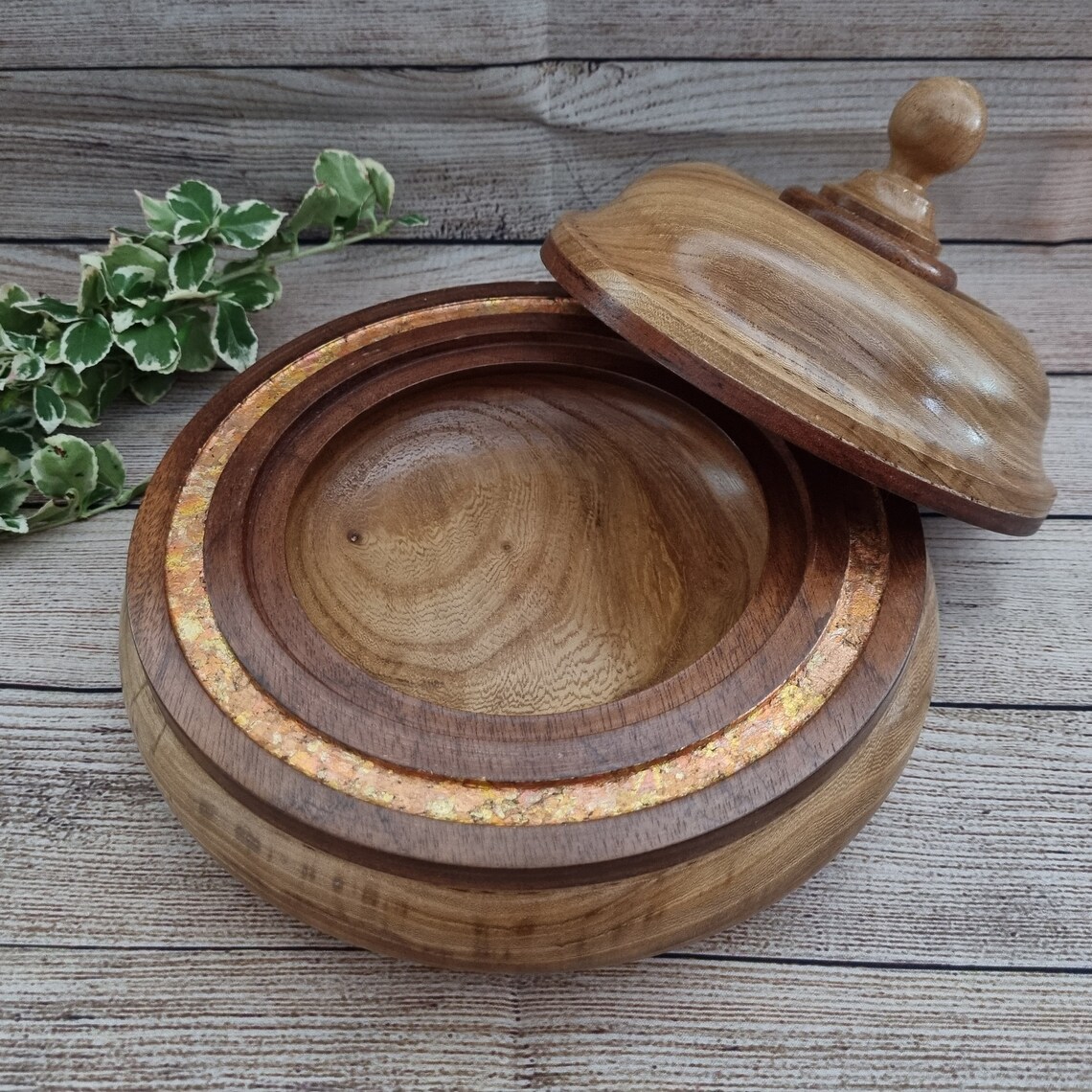 Hand Turned Decorative Wooden Bowl with Lid and Gold Leaf Etsy