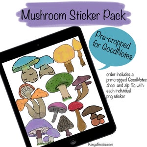 Mushroom Digital Sticker Set, 10 digital stickers, pre-cropped for GoodNotes, individual files included, Fungi Files, Digital Sticker Set