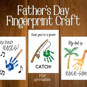 Può includere: Artigianato con impronte digitali per la festa del papà con tre disegni. Uno dice "My DAD ROCKS!" con una chitarra con impronta blu. Un altro dice "Dad, you're a great" con una scena di pesca con impronta verde. Il terzo dice "My dad is ROAR-SOME" con un dinosauro con impronta.