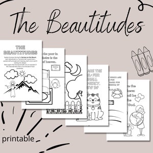 May include: A collection of black and white line art coloring pages with the text "The Beatitudes". The pages feature illustrations of biblical scenes and text. The words "PDF printable" are at the bottom.