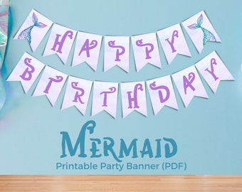 Bannière de fête de sirène joyeux anniversaire, décor d’anniversaire de fête d’anniversaire de sirène, sous la décoration d’anniversaire de mer - bricolage imprimable numérique 002