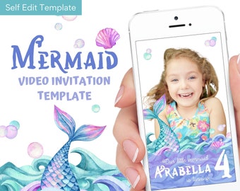 Invitación de sirena - Fiesta de cumpleaños bajo el mar, cola de sirena, invitación de vídeo digital, plantilla de invitación de Canva, 002