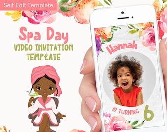 Invitación al día del spa, Chica africana del spa, Invitación en vídeo digital, Invitación a la fiesta de mimos, Plantilla de invitación de Canva